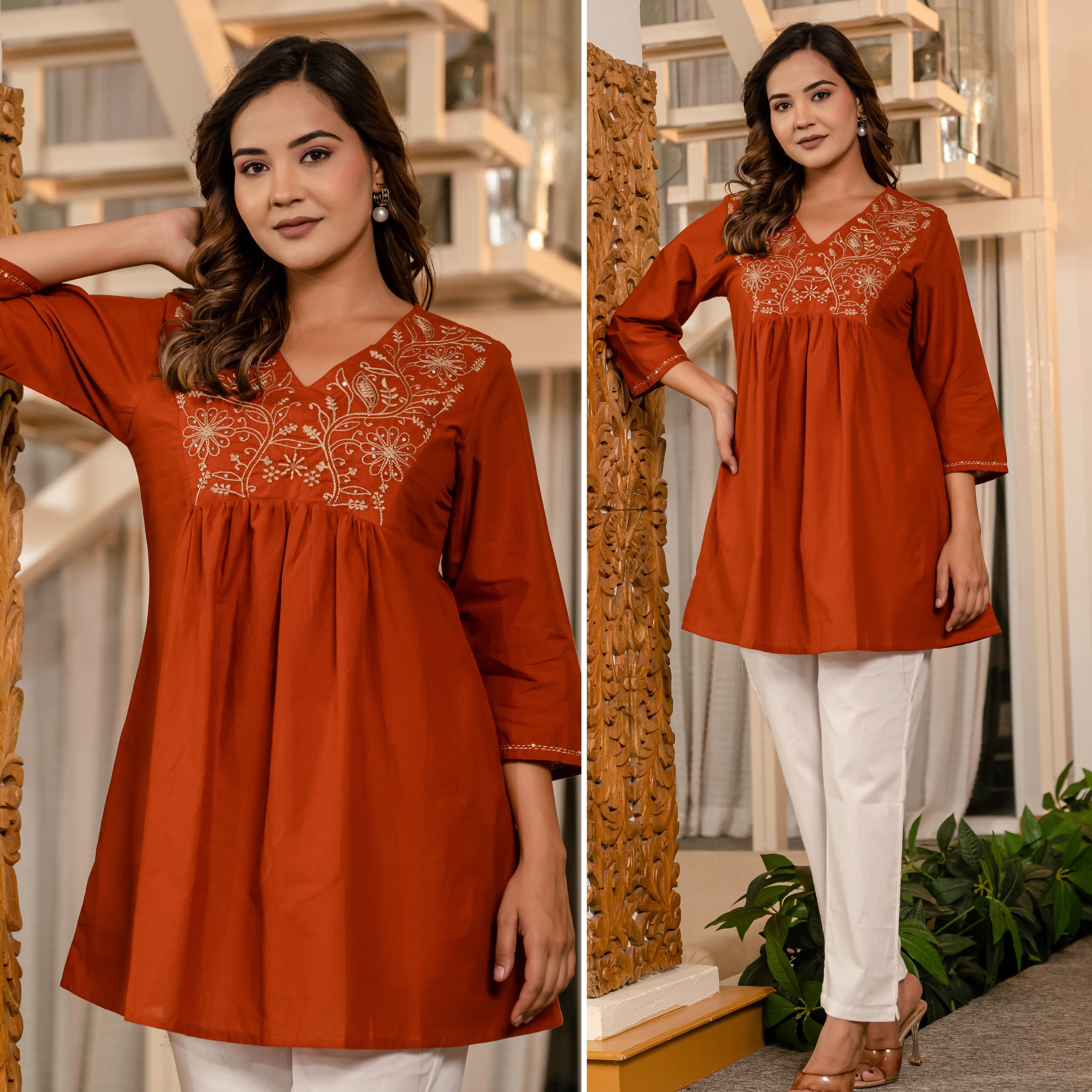 Cotton V Neck A Line Embroidered Short Kurti