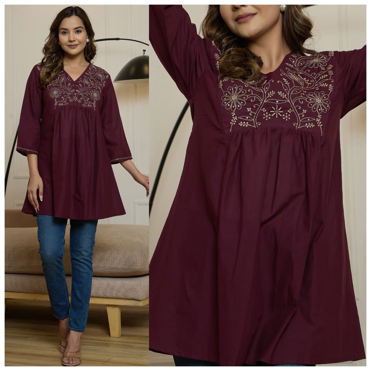 Cotton V Neck A Line Embroidered Short Kurti